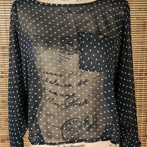 Elegant Black Sheer Graphic Long Sleeve Blouse